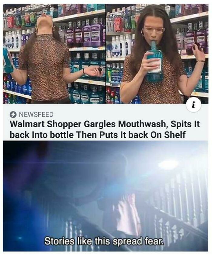 Woman drinking mouth wash in a cleaning isle 