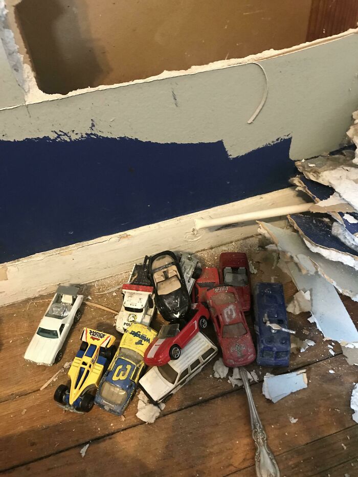 Repairing A Wall Hole In My Sons Room. It’s Been There, Behind His Door For Years. Just The Perfect Size To Drop Toddler Toys In! 20 Years Of Matchbox Cars!