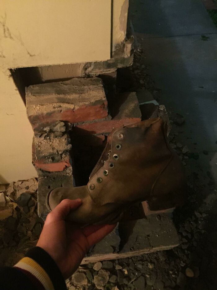 Found This Boot In A Pillar While Renovating The Porch. The House Was Built In 1927, But I'm Sure It's Still Really Comfy