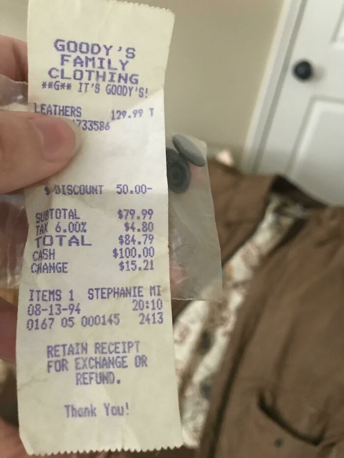 Found The 1994 Receipt And Extra Buttons In The Pocket Of A Jacket I Bought At Goodwill. Thinking About Trying To Return It 