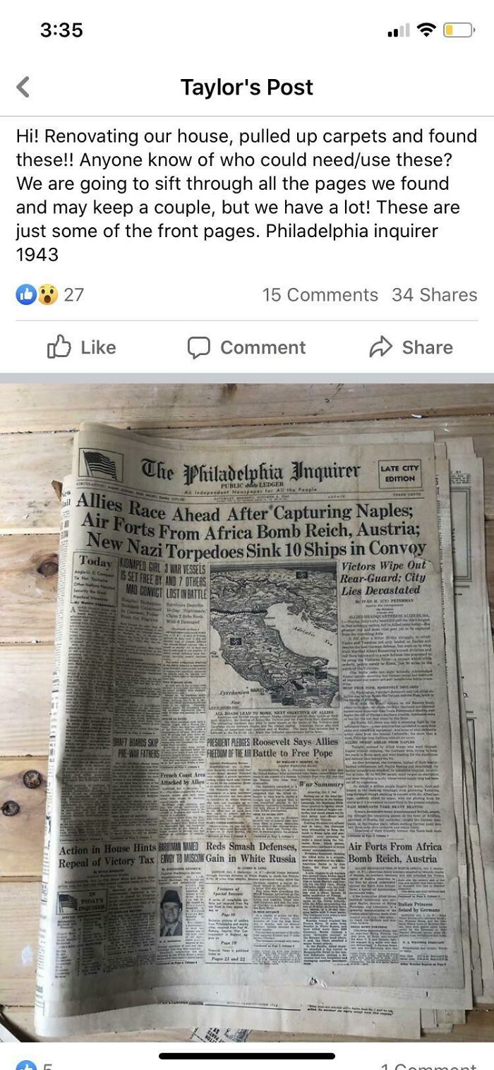 Woman On Facebook Finds Stacks Of Newspaper From 1943 In Fairly Good Condition When She Ripped Up Her Carpet