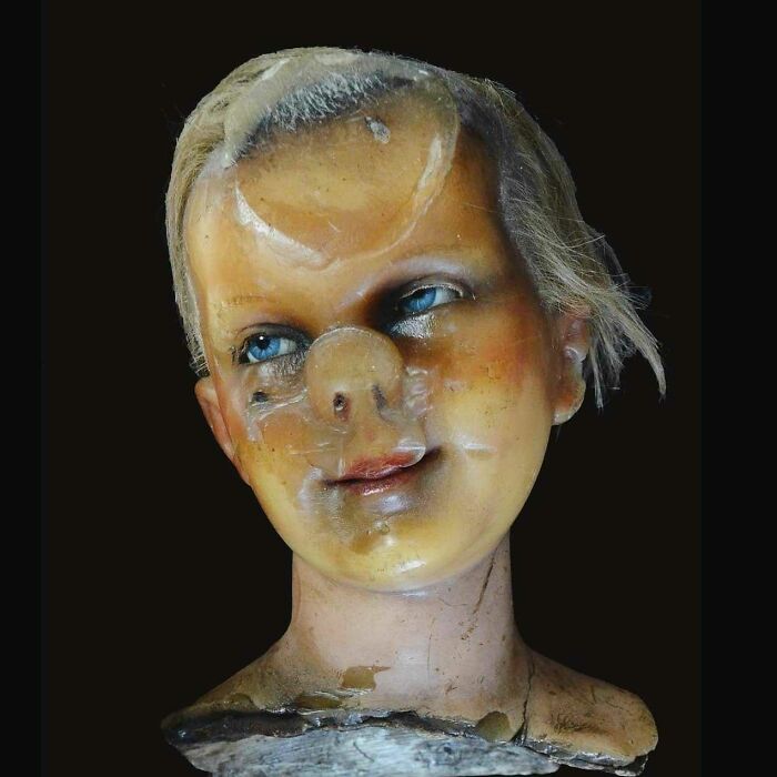 A Late 19th Century Wax Head From Berlin Which Was Stored Face-Down For Many Years, So That It Deformed Into This Exquisitely Grotesque Nightmare