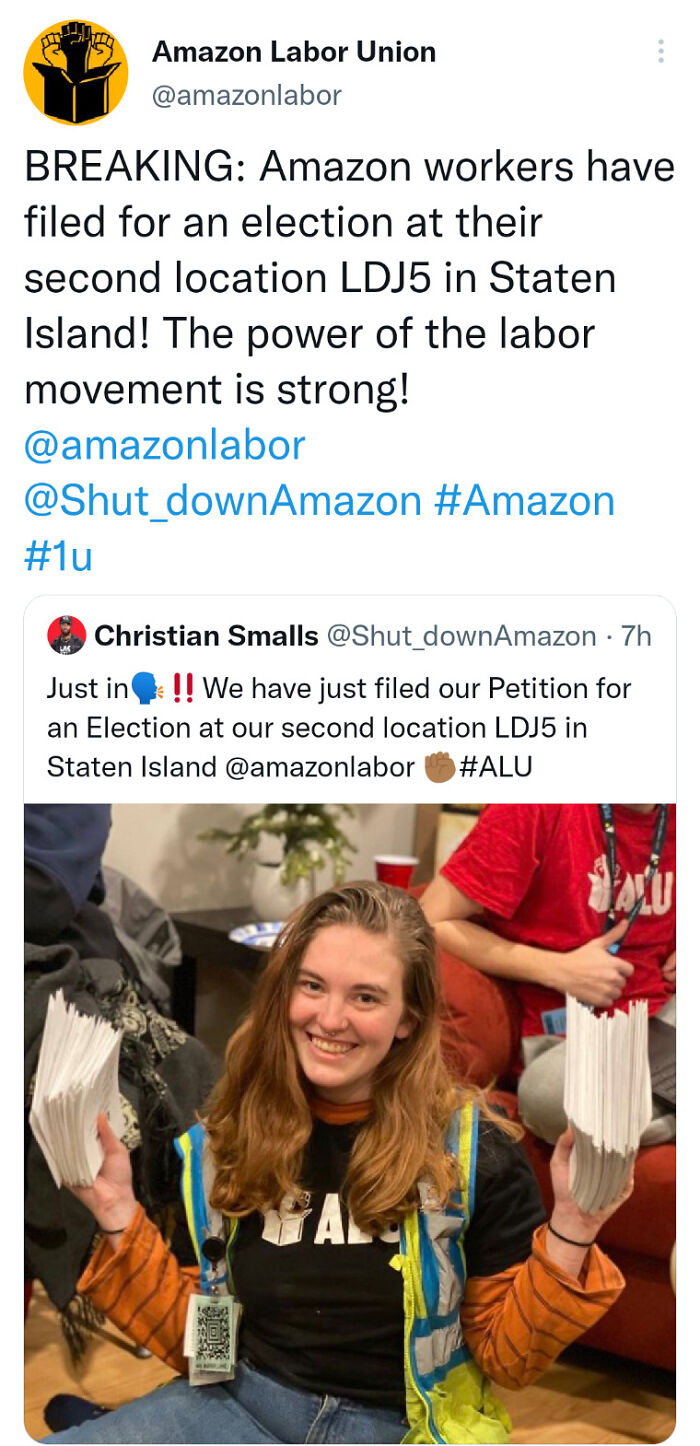 Amazon Workers At A Staten Island, New York City, Amazon Warehouse Filed For A Union Election Today. Solidarity To Them