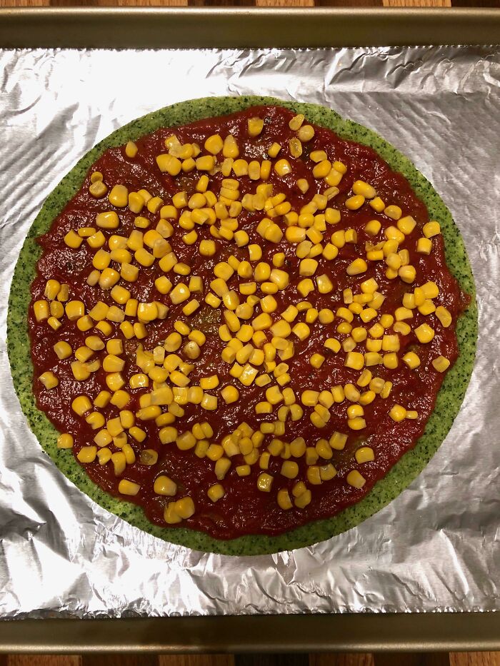 My Partner Doesn’t Like Meat Or Cheese (Likes Corn). Here’s Her Take On A Vegan Gluten Free Pizza (Cooked)