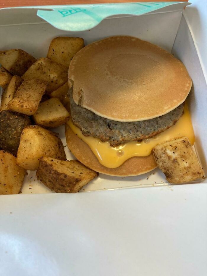 My Kids School Lunch Today. Pancake Sausage Burger With Cheese