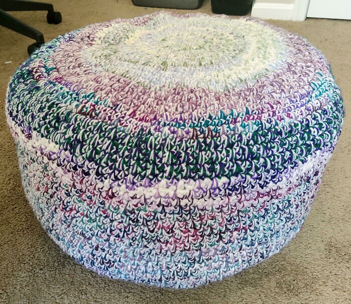I Crochet/Knit And Decided To Use Only Donated Yarns (From My Late Stepmom's Stash), Two Pillows Destined For The Landfill (And Their Linings), An Airline Blanket And Worn Out Bed Sheets As Stuffing For This Monster Pouf