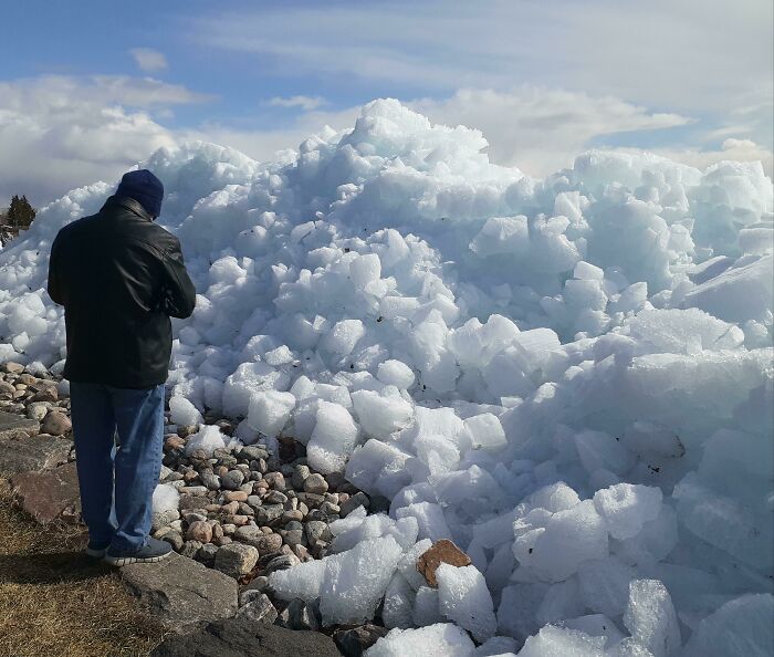 High Winds On The Lake Pushed The Melting Ice Onshore And Created "Ice Tsunamis". Dad For Scale