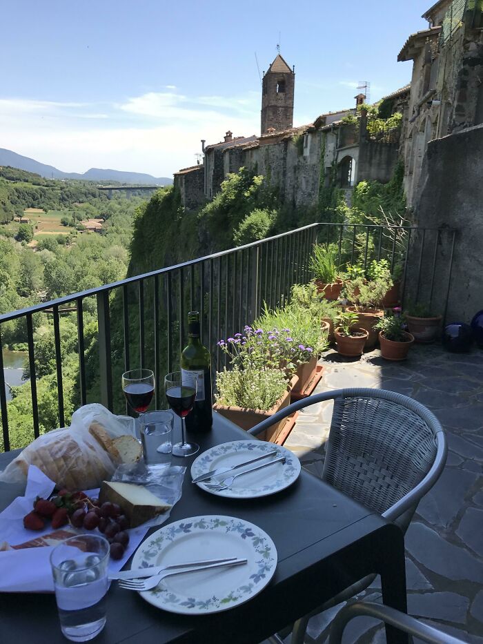 Our Airbnb Balcony In Catalan (Everything On The Table Is Local, Costing Less Than 10euros Collectively, Including Jamon Iberico)