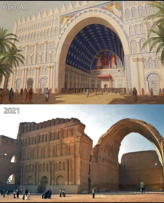 The Arch Of Ctesiphon As It May Have Appeared In 600ad. Compared To Its Remaining Ruins Today In Iraq