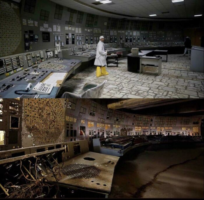Sala de control de la central de Chernóbil en 1986 y ahora