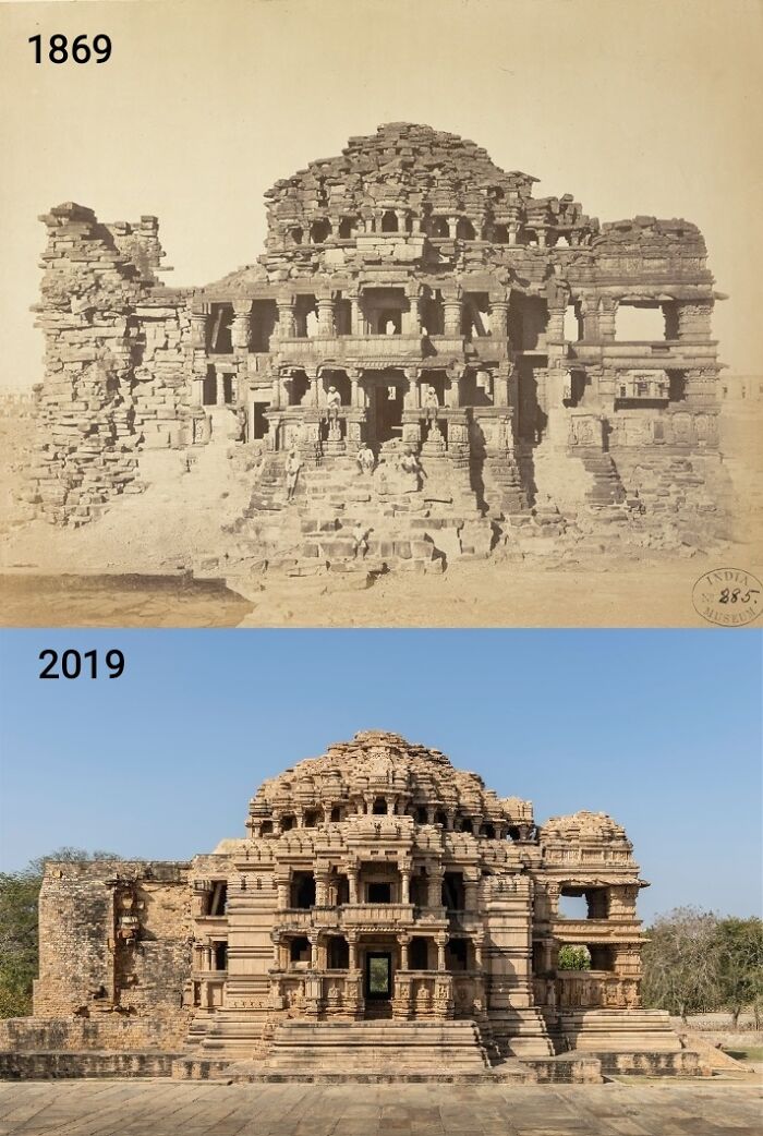 Templo Sas-Bahu, Fuerte de Gwalior, Gwalior, India. 1869 y 2019. El templo fue construido en 1093
