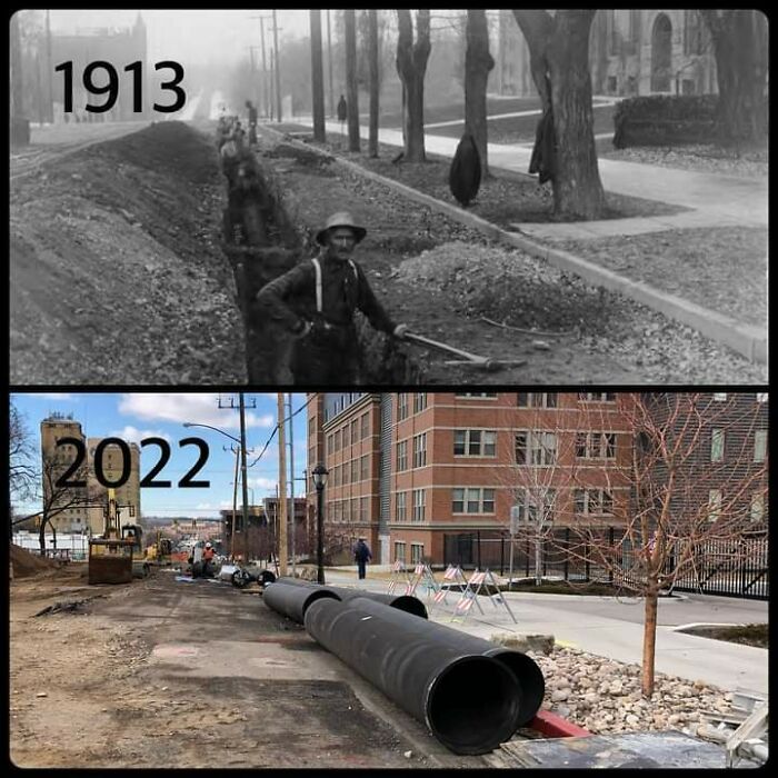 Construction For A Sewer In 1913, And Work Being Done In The Spot 109 Years Later. Ogden, Utah.