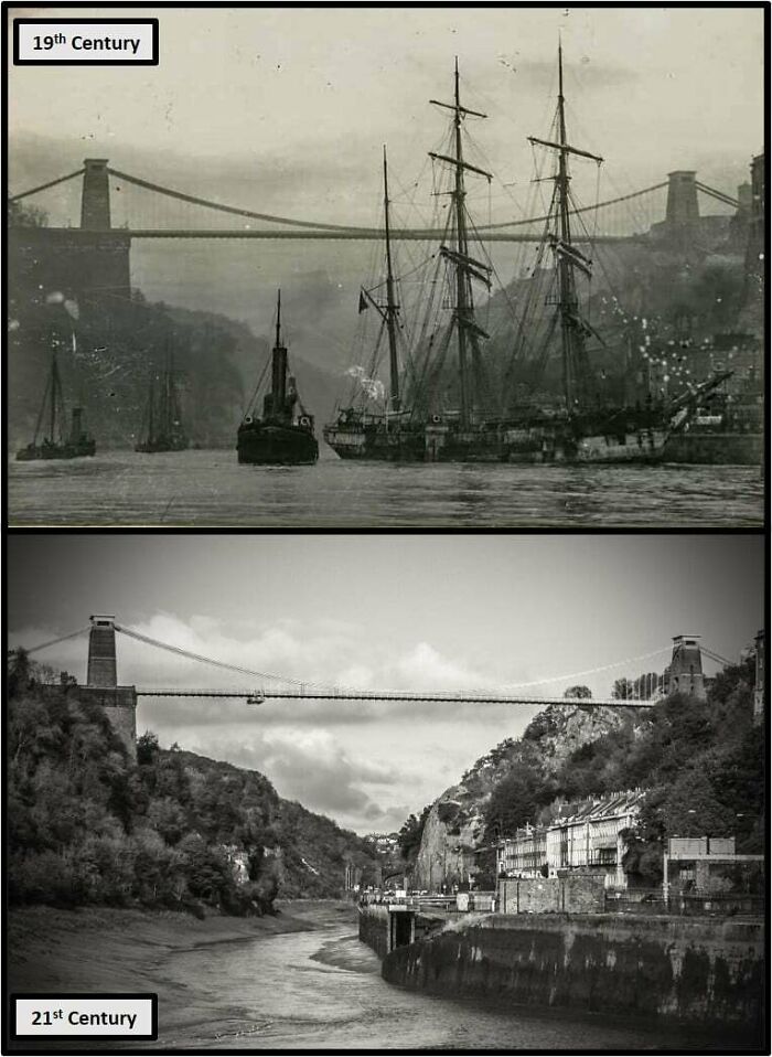 Bristol Harbour, Clifton Suspension Bridge, Bristol, UK. Late 19th Century And Now.