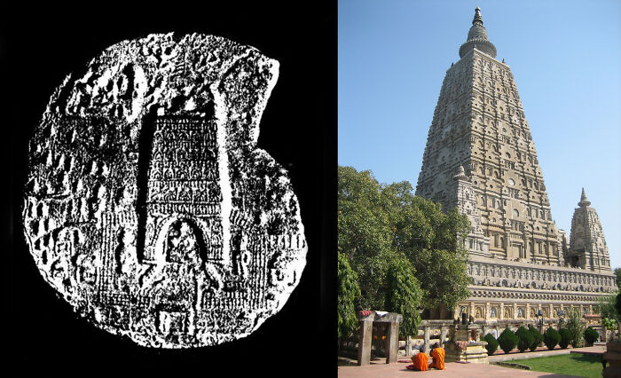 El templo de Mahabodhi en Bodh Gaya, India, visto desde una placa del siglo II y su aspecto actual