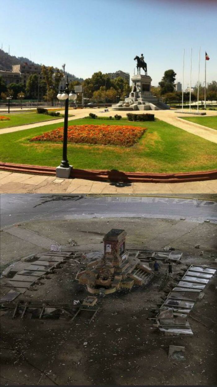 Before And After Of Baquedano Square (Santiago, Chile). Destroyed By Constant Riots