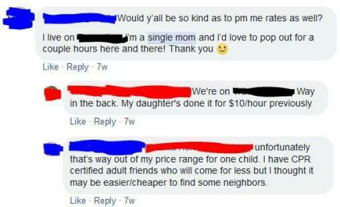 Single Mom (Blue) Was Looking For A Babysitter In My Neighborhood Facebook Group