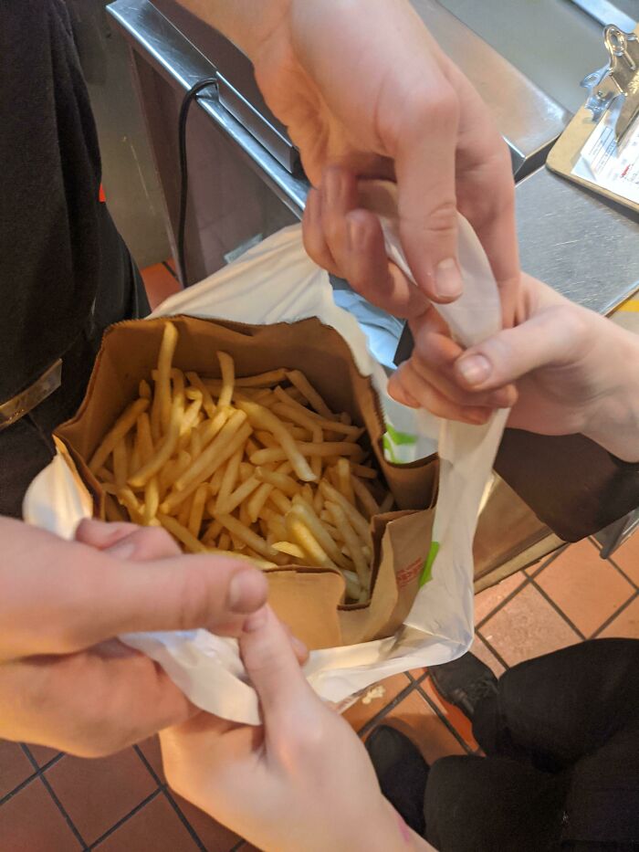 Someone Ordered 10 Large Fries And Wanted Them All Into A C Bag....