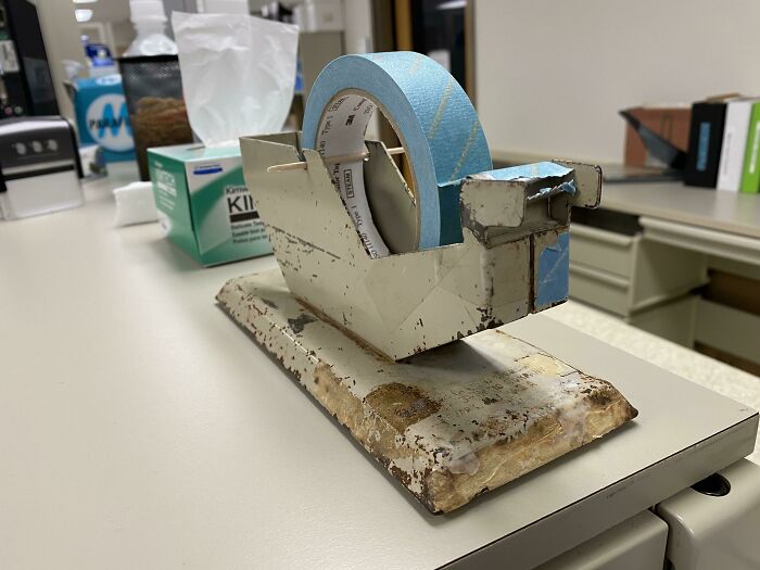 This Multimillion Dollar Hospital Lab I Work In With Huge Analyzers And New Equipment Manufactured Months Ago Has A Tape Dispenser From 1960-1970 Held Up By A Toothpick Stick