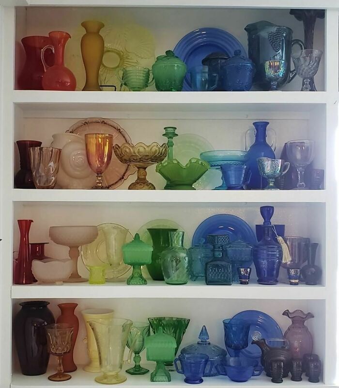 "Someone Posted Their Color-Coded Fiesta Shelves. And It Inspired Me To Post My Rainbow Depression Glass Shelves. I've Collected These Pieces From Various Thrift Shops, Antique Stores, And Yard Sales Over The Years. Some Are True Depression Glass From The 30s And Some Are Mid-Century. It Makes Me Happy Every Time I Look At This Bookcase