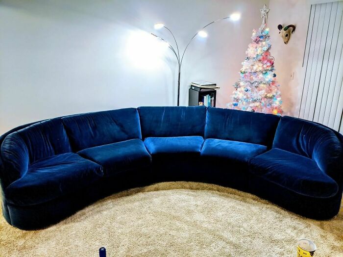 "Saw This On Facebook Marketplace, Lost My Mind And Did Everything I Could To Obtain It. It's A Sectional, I Have It All Together For The Picture But The Middle Piece Can Separate To Become A Love Seat And The Rest Comes Together For A Regular Sized Couch. Welcome Home Blue Velvet Beauty"