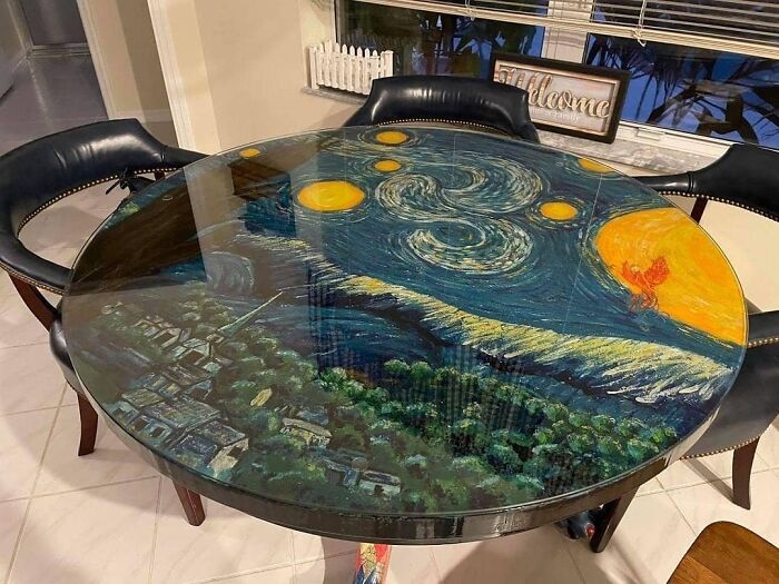 "Amazing Kitchen Table And Chairs That My Parents Bought! “The Starry Night” Was Recreated With Melted Crayons And Then Covered In A Hard Lacquer. Then My Parents Had A Circular Piece Of Glass Cut To Fit On Top. Found At An Antique Shop In Inverness, Fl This Week."