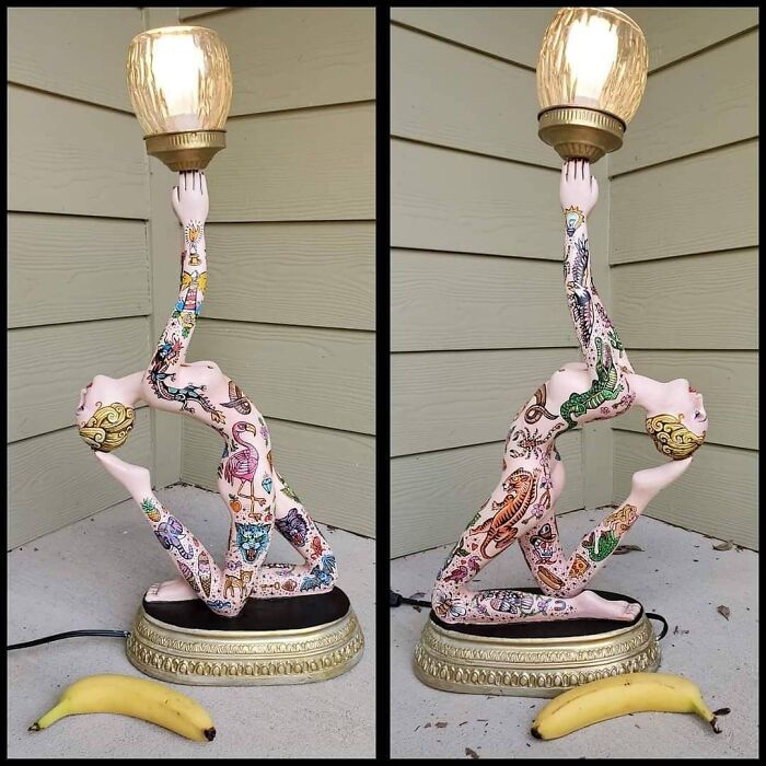 I Found This Lady Lamp On Fb Marketplace And She Was In Rough Condition, I Gave Her A New Paint Job And I Love My Tattooed Lady Lamp Now!