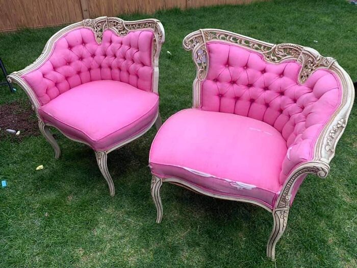 "Saw These At A Local Neighborhood Thrift Store In Chicago. Had To Go Back And Get Them And Was Able To Negotiate The Price Down. One Is Damaged Trying To Decide If I Want To Keep Them Matching Cause They Look Cool Paired Together. Or Reupholster It Completely Different. Using As Photo Props."