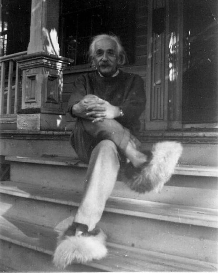 Albert Einstein Wearing Fuzzy Slippers, 1950s
