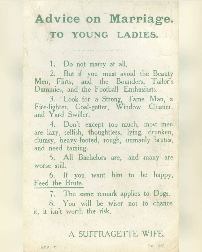 Marriage Advice For Young Ladies From A Suffragette, 1918. The Pamphlet Is On Display At The Pontypridd Museum In Wales. The Suffragette Is Unknown