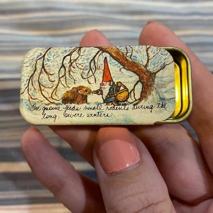 "I Thrifted A Pair Of Boots. After Returning Home And Trying Them On I Realized Something Was Inside! So I Discovered This Adorable Tiny Gnome Tin. This Was A Better Find Than The Boots And It Made My Day 💛"