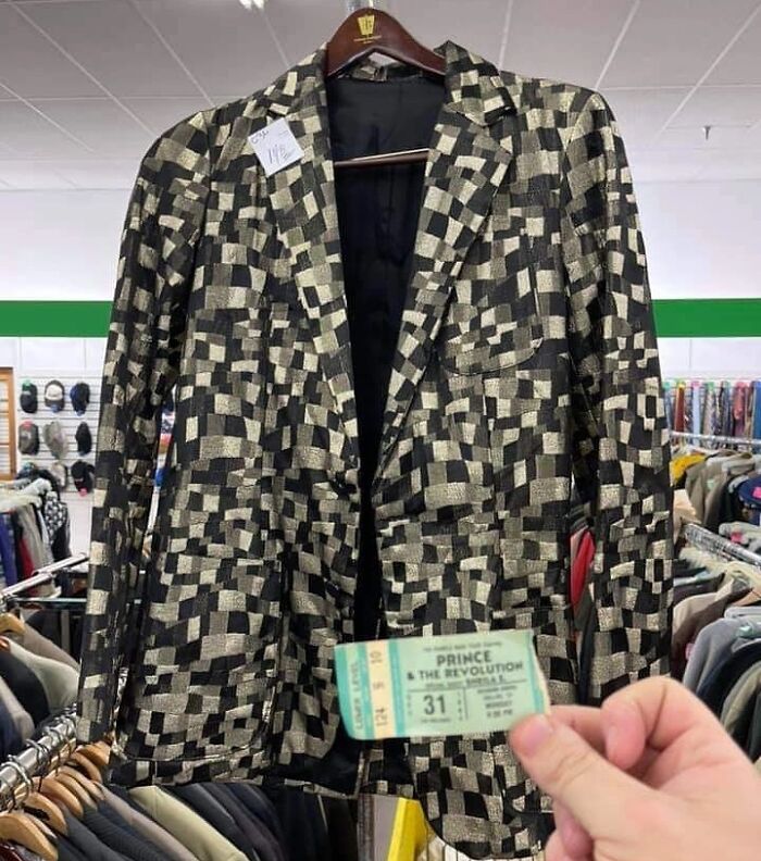 "Looking In The Pockets Of This Shiny Gold Blazer I Found This Ticket Stub For Prince & The Revolution With Special Guest Sheila E On New Years Eve 1984. Now That Would’ve Been A Fantastic Show! Found At Value World In Dallas."