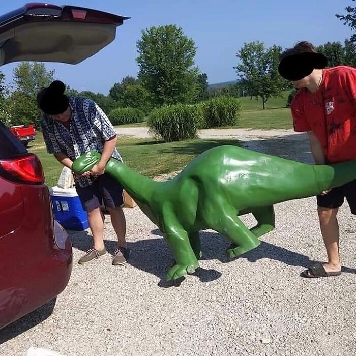 "Bucket-List Buy In Indiana Last Weekend, Found On Ebay. Just In Case You're Curious, The 8 Foot Sinclair Dinosaur Will Fit In A Minivan. Second Pic Is His New Home In My Front Yard."