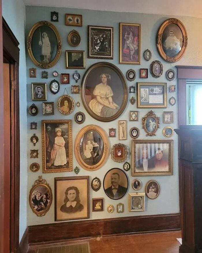 "My *almost* Finished Thrifted Wall Of Random People I Know No History...these Are From.random.flea Markets, Thrift Stores, Antique Stores Over 2 States"