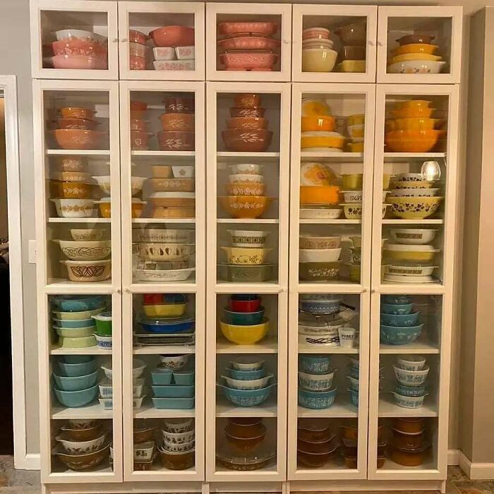 "This Is My Beloved Vintage Pyrex Collection! Every Single Piece Has Been Found At A Thrift Store, Antique Store Or Garage Sale (With The Exception Of My Late Grandmother's Set In The Top Right Corner)! I've Been Collecting For Over 7 Years & I'm Ashamed To Say That This Isn't Even All Of It"