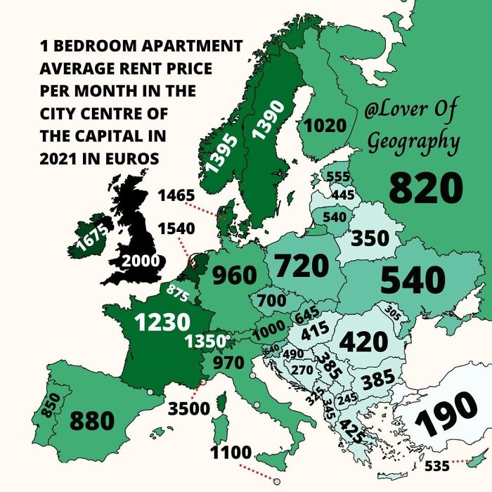This Post Shows The Average Price In Euros Of The Monthly Rent Of A 1 Bedroom Apartment Located In The City Centre Of Each Capital City Of The Countries On This Map