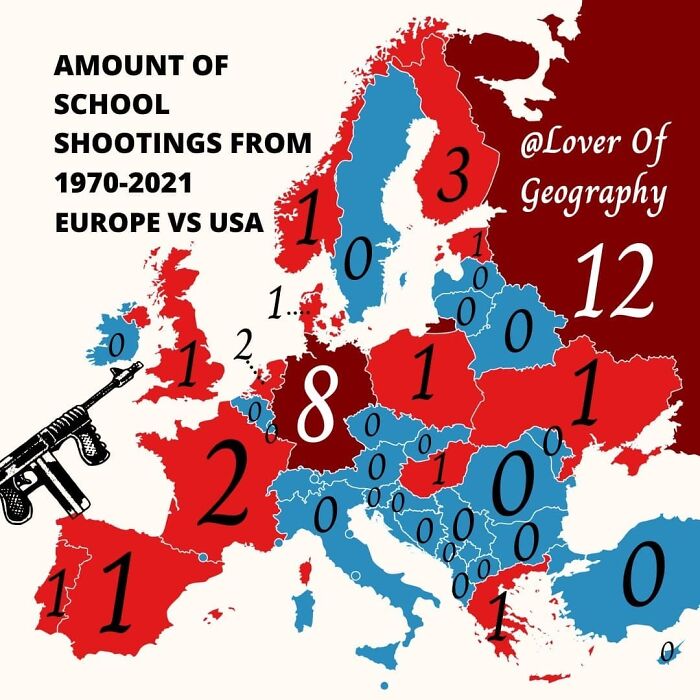 This Post Shows The Amount Of School Shootings In Europe vs. USA Based From 1970-2021