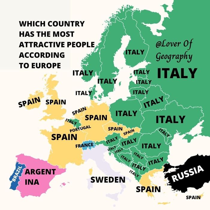 This Post Shows Which Country Europeans Think Has On Average The Most Attractive Citizens. Based On Polls On 1000 People Per Country