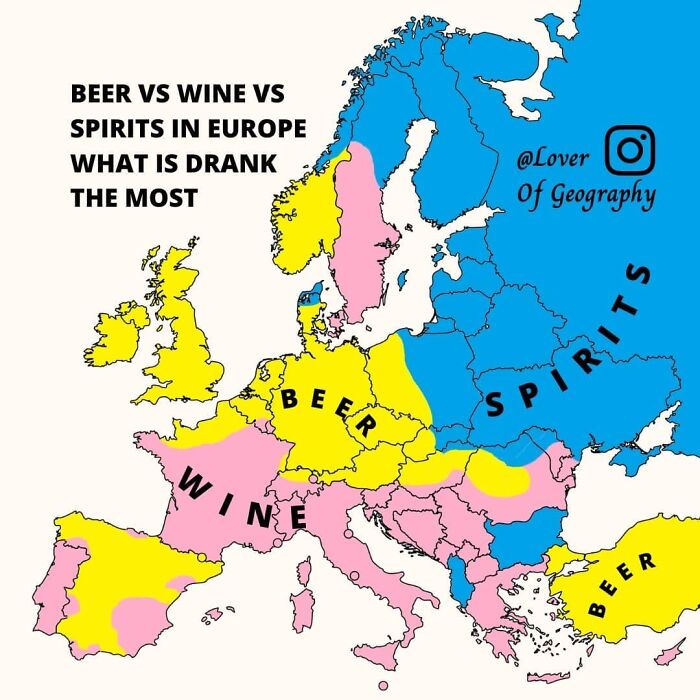 This Post Shows Map Of Europe With Individual Countries Grouped By Preferred Type Of Alcoholic Drink, Based On Recorded Alcohol Per Capita (Age 15+) Consumption (In Litres Of Pure Alcohol)