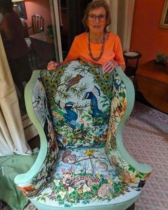 "My 86yo Grandmother And Her Handmade Needle Point Chair. 25 Years In The Making And 14 Threads Per Inch. She Used To Pick Up Road Kill From The Side Of The Road To Compare Thread Colours. She Also Bought A Peacock For Colour Comparison. I Am Not Allowed To Sit In It.”