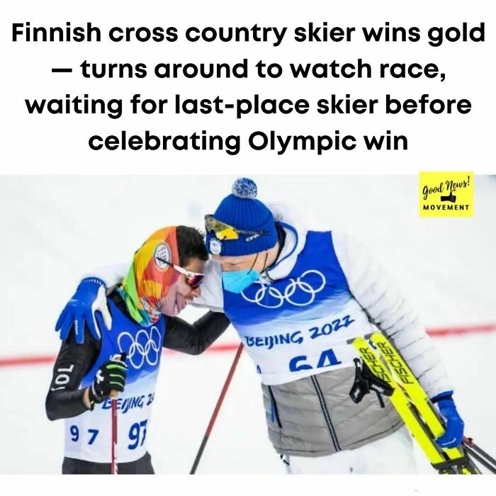 Finland's Iivo Niskanen Won His 3rd Gold Medal, In the Men's Cross-Country Skiing 15km Classic On Friday. The Exhausted Skier Collapsed Across The Finish Line With a Time Of 37:54.80, But Instead Of Going Off To Celebrate Or Recover, He Waited For Every One Of The 94 competitors Behind Him To Complete The Race Before Celebrating. Some 20 Minutes Went By Before The Last Skier Carlos Andres Quintana Crossed The Finish Line. Niskanen Embraced His Opponent In A Gesture That Showed True Olympic Spirit.