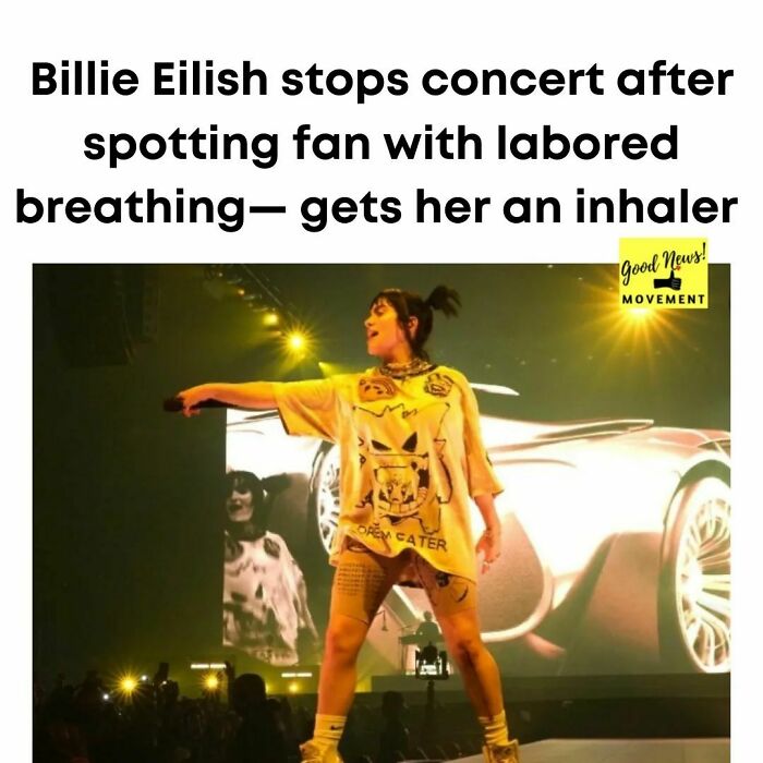 Billie Eilish Halted Her Concert In Atlanta This Past Weekend To Help A Fan In The Crowd Get An Inhaler According To Videos Captured By Fans. Eilish Asked If They Needed An Inhaler And Told Her Stage Crew To Get An Inhaler Quickly. She Also Told The Crowd To Give The Audience Member Some Time And Space. The Singer Stated "We Take Care Of Our People." Thankfully The Fan Was Ok Thanks To Swift Attention By The Singer And Her Crew. @billieeilish 👏 👏 👏