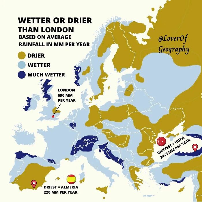 This Post Shows The Areas In Europe That Are Wetter Or Drier Than London And The Driest And Wettest Place On This Map Based On The Total Amount Of Mm That Falls Out Of The Sky Per Year