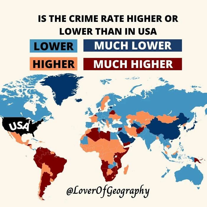 This Post Shows Countries That Have A Higher It Lower Crime Rate Than USA In 2022 According To The Crime Rate Index