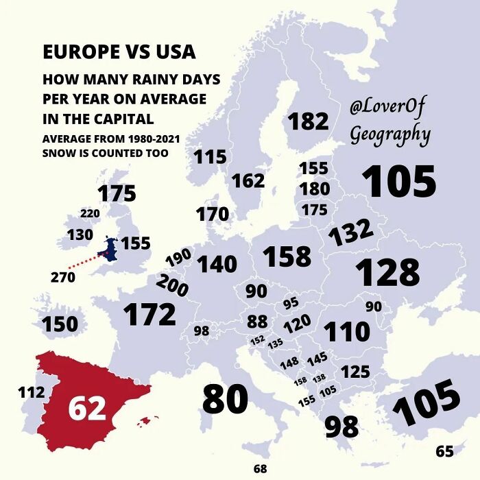 This Post Shows The Average Amount Of Rainy Days Per Year Taking The Average From 1980-2021 Europe vs. USA In The Capital Citiesred Is The Driest Blue Is The Wettest