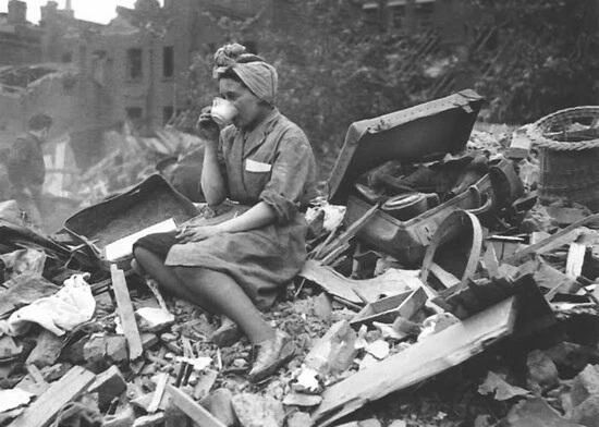 A Woman Drinking Tea, 1940, In The Aftermath Of A German Bombing Raid During The London Blitz