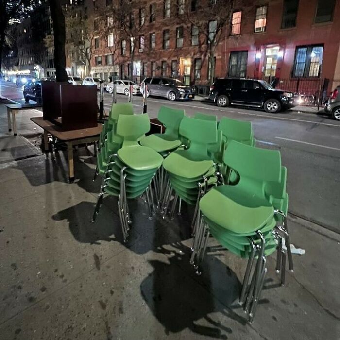 The Color Of The Day Is…green. There Is A Whole Bunch Of School Furniture On 49th St. Between Ninth And 10th Ave. Across From 434 W. 49th St