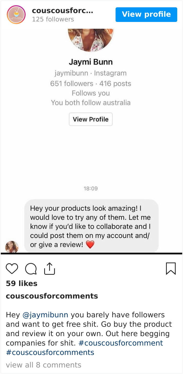 Hey @jaymibunn You Barely Have Followers And Want To Get Free Shit. Go Buy The Product And Review It On Your Own. Out Here Begging Companies For Shit. #couscousforcomment #couscousforcomments