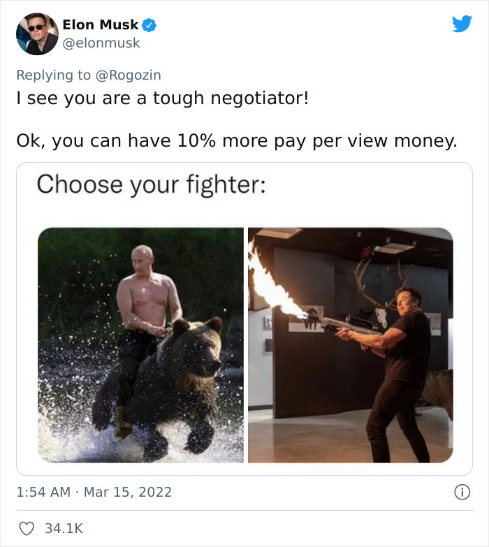 People Online Are Either Loving Or Hating Elon Musk Right Now For Inviting Putin To A Duel To Win Ukraine And Posting Memes People Online Are Either Loving Or Hating Elon Musk Right Now For Inviting Putin To A Duel To Win Ukraine And Posting Memes