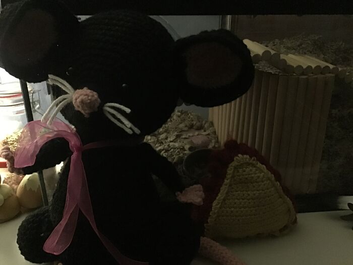 Crochet Stuffed Animals My Moms Friend Made Me As A Kid. One Is A Rat, Robert Jr. The Other One Is A Slice Of Pie.