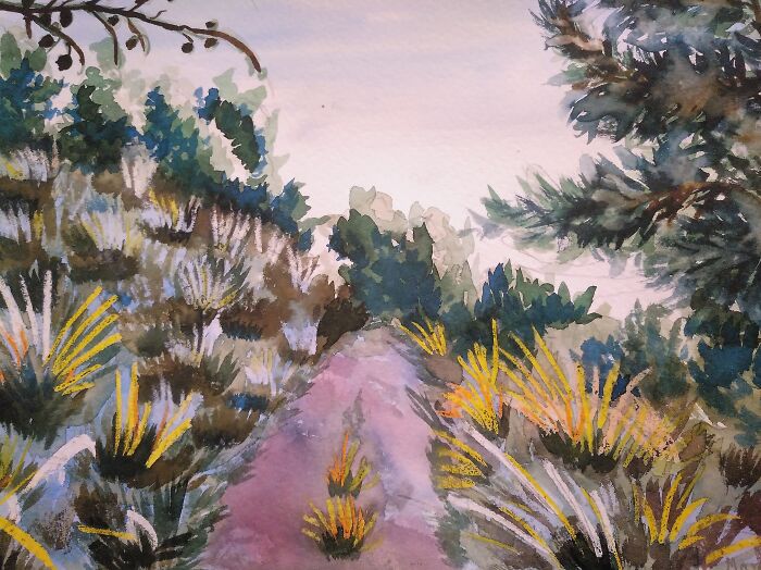 Path On The Hill. Watercolors And Crayons